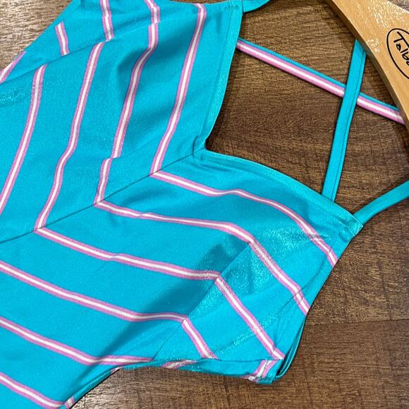 Vintage Chevron Striped One Piece Swimsuit Turquoise Pink Size 12 - Picture 2 of 7